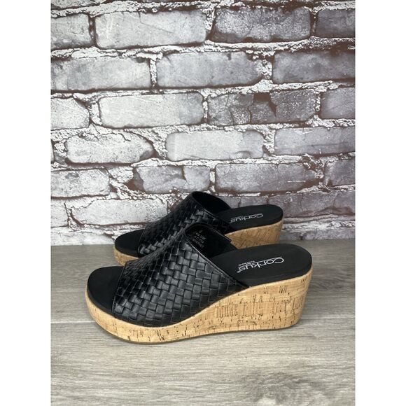 Corkys Wine and Dine Black Leather Weaves Woven Cork Sandals Women Sz 8M US/39EU - Picture 1 of 16